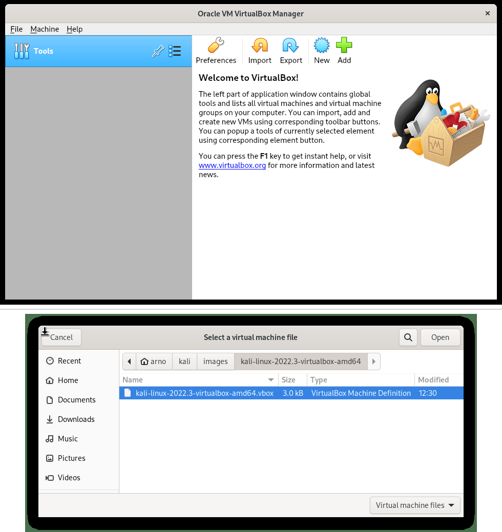 VirtualBox 添加入口与选择 .vbox 文件的对话框