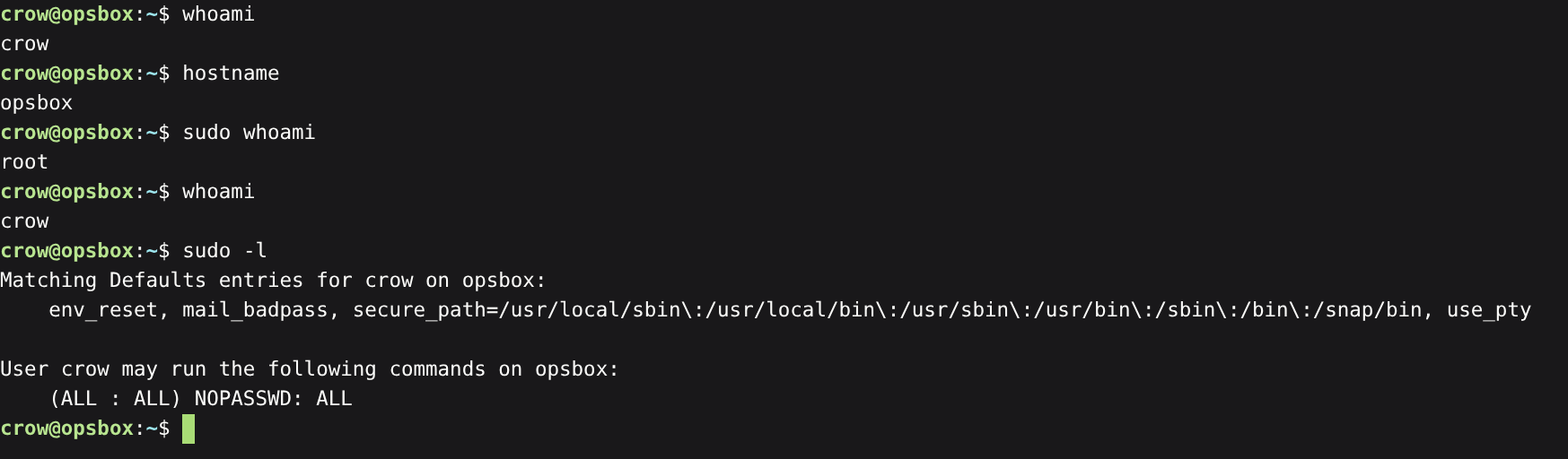 OPSBOX 终端中的 crow 身份和 sudo 授权