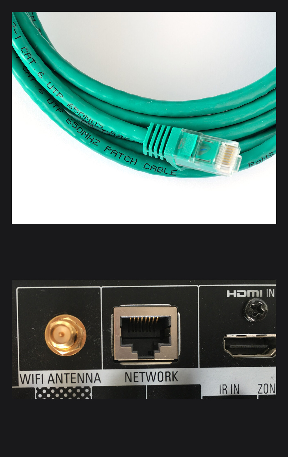以太网线末端的插头,以及设备背面标着 NETWORK 的网口