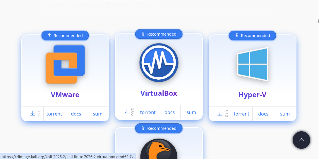 Kali 下载页中 VirtualBox 的 amd64 预制虚拟机入口