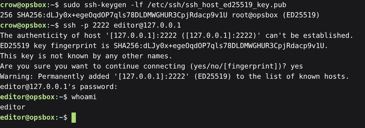 核对 SSH 主机指纹后以 editor 登录