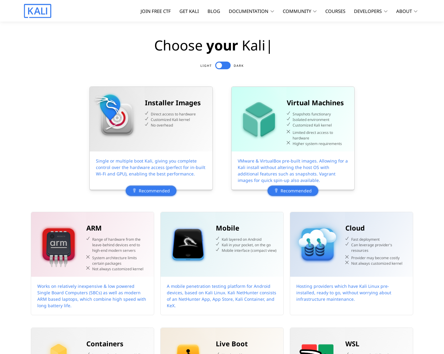 Kali 官方网站下载入口页面